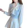 Женские блузки, шифоновые рубашки в стиле пэчворк, осенняя одежда 2023, дизайнерские топы с длинными рукавами и красивыми бантиками