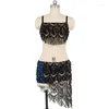 Stage Wear Mode Femmes Inde Belly Dance Costume Dames Performance Vêtements 2 pièces Soutien-gorge Jupe Ensembles Noir