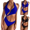 Mulheres Swimwear Oco Sólido Metal Anel Pescoço Halter Backless Menina Sexy One-Piece Swimsuit Primavera Tankini Mulheres 2023