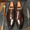 Sapatos de vestido Sipriks Dark Brown Oxfords Homens Couro Genuíno Casual Business Wear Elegante Cavalheiro Preto Lace Up Casamento