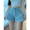 Shorts pour femmes Blue Jean pour femmes Corée Taille haute Denim Mignon Ruffle Summer Niche A-Line Boho Kawaii Club Tenues Gothique Harajuku