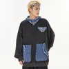 Hoodies masculinos oversized hip hop com denim retalhos high street vintage moletom solto ajuste com capuz topos bordado