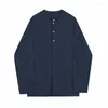 Camicie casual da uomo 2023 Top estivo blu scuro a maniche lunghe con scollo tondo in tessuto di lino tinta unita
