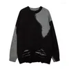 Men's Sweaters Oversized Hi Street Color Block Knitted Sweater Men Hip Hop Ripped Pullover Tops Patchwork