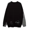 Men's Sweaters Oversized Hi Street Color Block Knitted Sweater Men Hip Hop Ripped Pullover Tops Patchwork
