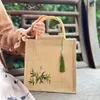 Vintage Women Handbag 2023 New Chinese Style Flower Embroidery Portable Linen Shopper Bag Large Capacity Bamboo Handle Travel Bags