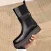 Black Chunky Platform Motorcycle Half Designer Boot Elastic Band Calfskin Tire Low Heel Mid-calf Boots Heavy Duty Brands for Women Factory