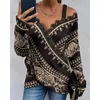 Women's Blouses Women Autumn Fashion Tribal Print Contrast Lace Cold Shoulder Wrap Top Casual Criss Cross Tee