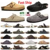 Birkensto Designer Stock Boston Clogs Sandaler Slippers Cork Flat Fashion Läder Slide Favoritstrandiga strandskor Kvinnor Män Arizona Mayari Winter Cotton Slipper