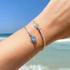 Bangle Vintage Silver Color Feather Cuff Bracelets Blue Natural Stone For Women Fashion Jewelry Charm Accessories