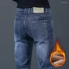 Calças de brim masculinas inverno marca velo estiramento moda casual clássico fino grosso quente pelúcia veludo calças masculinas calças jeans