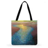 Shopping Bags Outdoor Beach Dawn By The River Painting Print Tote For Women Casual Linen Febric Shoulder Bag Foldable