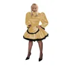 Klänningar casual klänningar franska piga förkläde klänning shinny hög hals långa puff ärmar faux läder sexig lolita söt cosplay uniform outfit vi