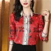 Luxury Fashion Floral Satin Red Shirt Women Designer Långärmning LAPEL GLOSSY SILK BLOUSES 2023 Autumn Winter Graphic Button Up Shirts Office Ladies Chic New in Tops