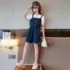 Ensembles de vêtements Summer Girls Casual Set Coton Mode Moyen et Grands garçons Version coréenne Style étranger Denim Strap Pantalon T-shirt