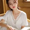 Vêtements de nuit pour femmes Sexy dentelle col en V robe de nuit femmes coton à manches courtes longue robe de détente princesse vêtements de nuit blanc vintage chemise de nuit