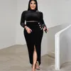 Plus Size Dresses Velvet Dress For Women Black Shiny High Waist Robes Long Sleeve Navel Glitter Pleated Sexy Slit Evening Party Vestido