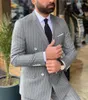 Men's Suits Grey Mens Pants Stripe Blazer Slim Fit Wedding Male Groom Tuxedos Prom (Jacket Pants)2Pcs Costume Homme Ternos