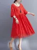 カジュアルドレス夏の女性韓国のソリッドカラーバージョンシンプルな甘いルーズドレス汎用性のある人形ホローハーフスリーブAラインレースドレス