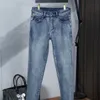 Designer Fashion Men's Lake Blue Letter Jeans Slim Stretch Straight Wear Resistant Top Row Patch Motorcykel Retro Business Pants