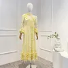 Casual Dresses 2023 Autumn High Quality Solid Light Yellow Hook Flower Hollow Lace Appliques Midi Women