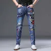 Jeans pour hommes Jeans imprimés de haute qualité pour hommes pantalons en denim extensible coupe ajustée imprimés de singe décors jeans bleus lavage rayures jeans décontractés; L231003