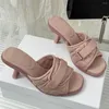 Pantoufles Runway Marque Turn Over Attaché Femmes Bout Carré Talon Haut En Cuir Dames Pompes Doux Femme Mules Femme Été