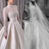 Elegant A Line Lace Wedding Dresses High Neck Long Sleeves Wedding Dress Button Back Sweep Train Ruffle robe de mariee bridal gowns