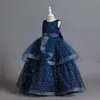 Royal Blue Pärled Flower Girl For Wedding Ball Gown Tiered Toddler Tulle Kids Communion Dress Födelsedagsklänningar Sökade flickor Pageantklänningar 403