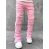 Jeans da uomo con frange skinny, bordo hip-hop, toppa elastica, punk rock, pantaloni lunghi in denim impilati, attillati, blu rosa, streetwearl231003vvo1