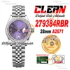 Clean Factory CF 279384RBR A2671 Relógio Automático Feminino 28mm Daimonds Moldura Diamante Roxo Dial 904L Jubileesteel Pulseira Super Versão Feminina Puretimewatch