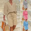 Kvinnor BLOUSES Fashion Half Sleeve V-hals Bomull LINEN SHIRT Women Casual Loose Two Piece Set Blus Summer Outfits Belt Shorts 26303