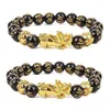 Charm Bracelets 1PC Golden Pixiu Obsidian Bracelet Feng Shui Black Bead Alloy Wealth Handmade Lucky Amulet Gift183v