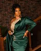 Nigeria Aso Ebi Elegant aftonklänningar Dark Green Satin Pleated One Shoulder Lace Appliqued Formal Party Gowns Long Mermaid Second Reception Prom Dress CL2755