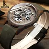 IK Coloring Men Watch Fashion Casual Wood Case Crazy Horse Leather Strap Wood Watch Skeleton Auto Mechanical Man Relogio Y20043203