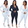 Haute élastique Fitness barboteuses femmes combinaison col rond profond manches longues moulante ensemble Streetwear noir blanc Club fête corps Suit279I