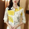 Luxury Silk Satin Retro Floral Shirt Women Designer Långärmad Blue Casual Button Up Bluses 2023 Autumn Winter Classic Lapel Runway Shirts Office Ladies Söta toppar