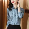 Paisley Floral Vintage Shirt Silk Satin Women Designer Långärmad knapp Up Bluses 2023 Autumn Winter Classic Lapel Bluecasual Shirts Office Ladies Runway Tops