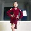 Stage Wear 2023 Children Latin Dance Dress For Girls Burgundy Long Sleeves Fringe Rumba Performance Competition DNV18616