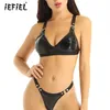 Iefiel Donna Ladies Effetto Bagnato Biancheria Intima Pelle Verniciata Lingerie Set Spalline Elastiche Reggiseno Top con Mini Perizoma Perizoma306g