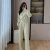 Women's Two Piece Pants Autumn Vintage Hooded Cardigan Sweater Leg Set Solid Casual Short Straight Pant