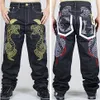 Hela 2015 Nya mode Mens Wide Leg Jeans Brodered Gold Python Loose Pants Skating Hip-Hop Street Rap Dance Trousers S290Y