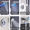 Brushed Nickel Stainless Steel 5-function Waterfall LED Rain Shower Panel W Massage System Tub Spout W Handshower Shower Column252e