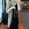 女性のブラウスティンガリ夏薄薄い着物カーディガン女性タイスリーブオープンフロントシャイニーシフォンロングシャツ韓国のエレガントベージュカバー