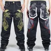 Hela 2015 Nya mode Mens Wide Leg Jeans Brodered Gold Python Loose Pants Skating Hip-Hop Street Rap Dance Trousers S290Y