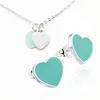 Vintage enamel PINK Green Double Heart Charms Necklace and Earring Jewelry set Pendant Women Men chain Stainless Jewellry sets205V