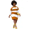 Plusstorlekar L-4XL Kvinnor Stripe Printing Långärmad afrikansk stil midi klänning Fashin Basic Side Slit T-shirt Slim
