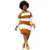 Plus Size Dresses L-4XL Women Stripe Printing Long Sleeve African Style Midi Dress Fashin Basic Side Slit T-shirt Slim