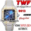 TWF TW0030 PAVED DIAMONDS ETA A2824 Automatisk herrklocka Blue Dial Roman Markers Gold Bezel Quick Switch Iced Out Diamond Armband238U