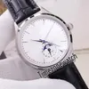 Master Ultra Thin Q1368420 Automatic Mens Watch Steel Case Silver Dial Real Moon Phase Stick Markers Brown Leather Strap Timezonew3327